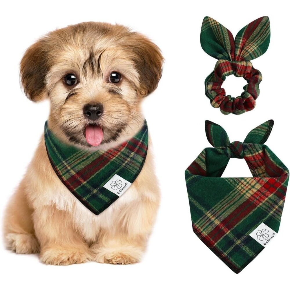 Christmas Dog Bandana & Matching Scrunchie Green Red Plaid Pet Dog Scarf Cute Do